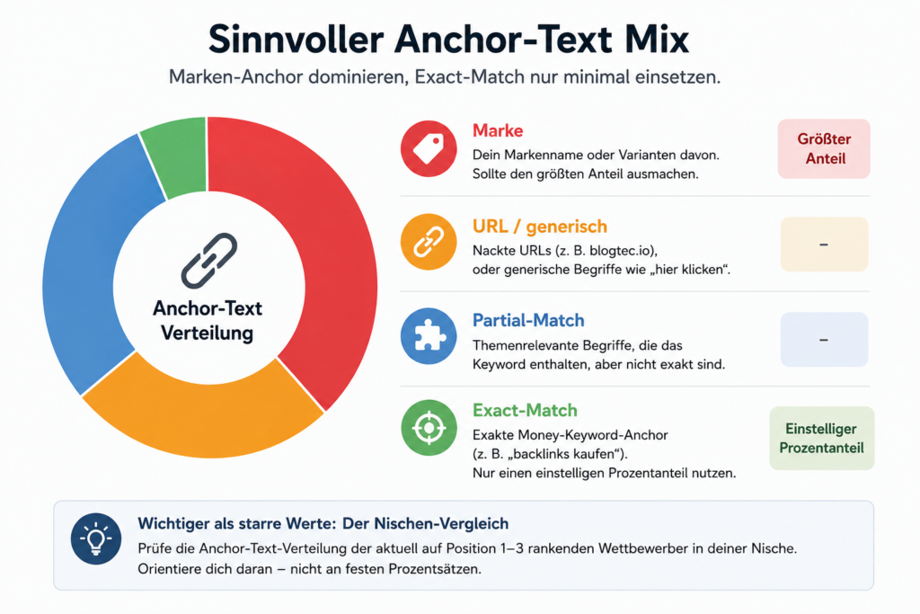 Infografik zu einem sinnvollen Anchor-Text-Mix: Marken-Anker sollten dominieren, ergänzt durch URL- oder generische Anker und Partial-Match-Begriffe, während Exact-Match-Anker nur einen kleinen einstelligen Anteil ausmachen sollten.