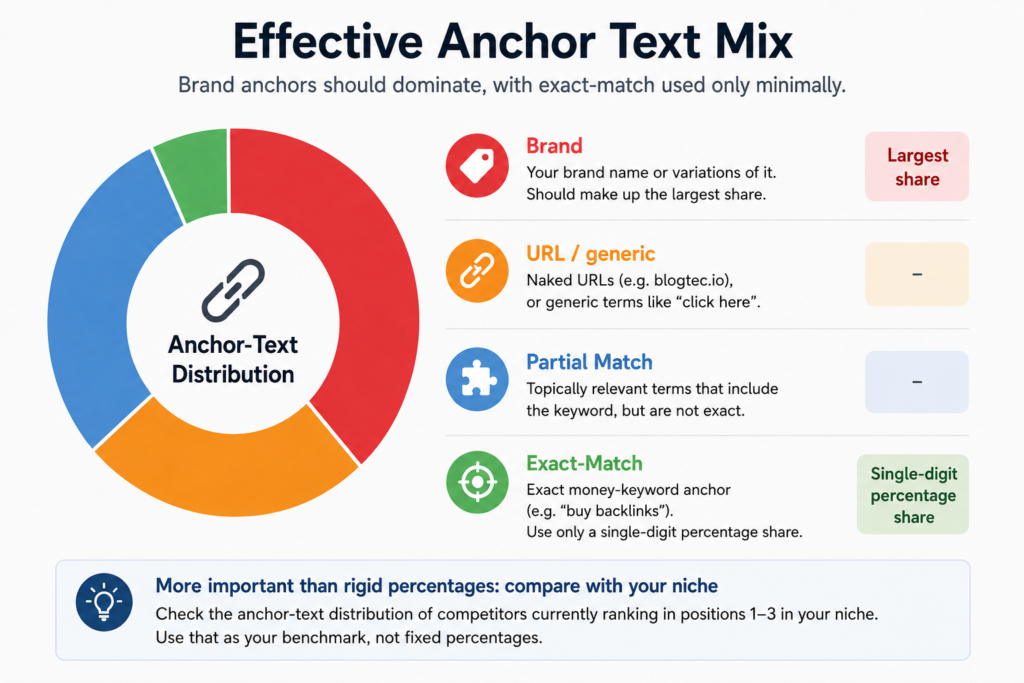 Infographic showing an effective anchor text mix for backlinks: branded anchors should make up the largest share, supported by URL or generic and partial-match anchors, while exact-match anchors should remain in the single-digit percentage range.
