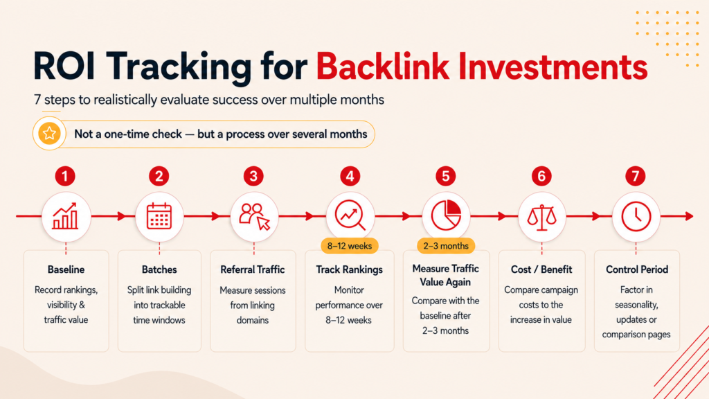 Infographic showing a 7-step process for tracking the ROI of backlink investments: establish a baseline, build links in batches, measure referral traffic, track rankings over 8–12 weeks, reassess traffic value after 2–3 months, compare costs and benefits, and account for a control period.